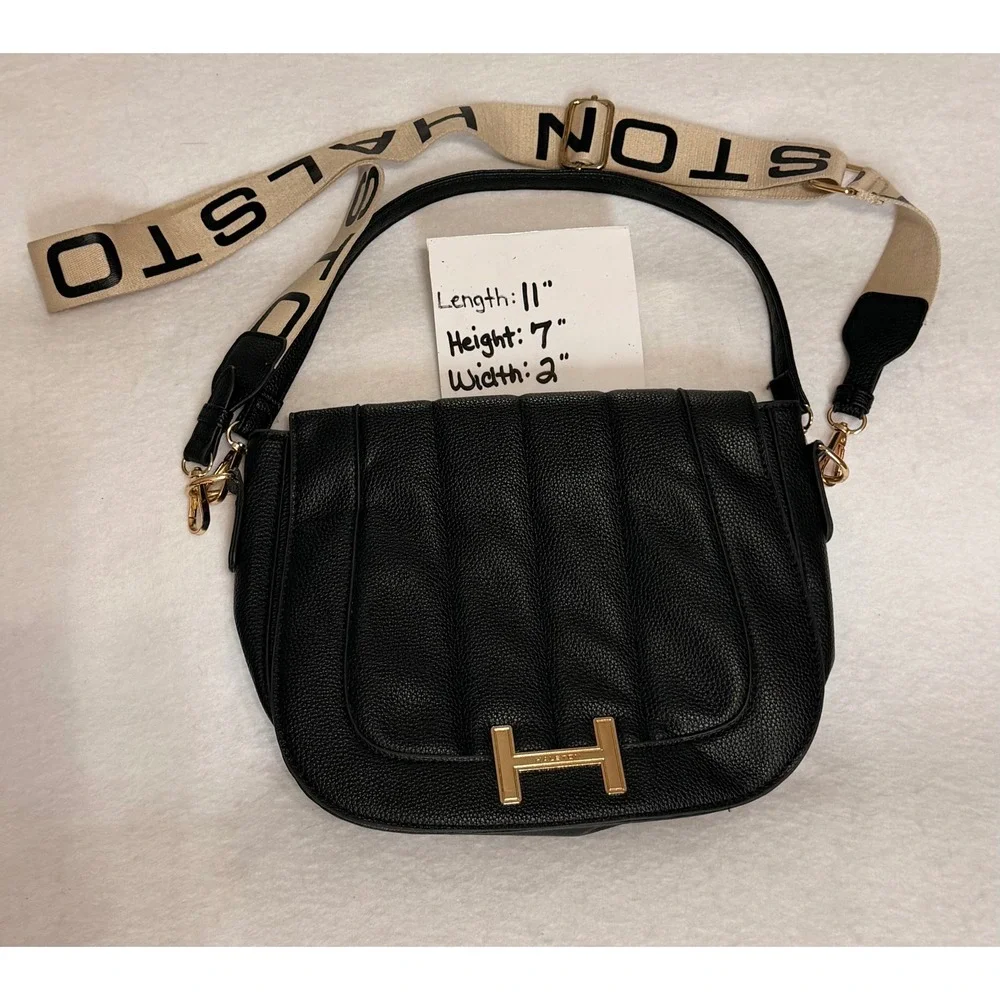 Halston Black Pebbled Faux Leather Crossbody Shoulder Bag Logo Strap Gold Tone